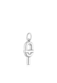 Charm de plata esterlina con un diseño moderno de bucle asegurado, que presenta una prominente forma de U y un anexo de colgante vertical.
