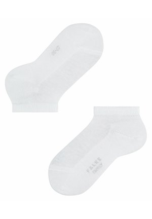 Weiße Knöchelsocken aus einem glatten, leichten Stoff. Mit verstärktem Fersen- und Zehenbereich und einem dezenten Logo, das auf die Sohle gedruckt ist.