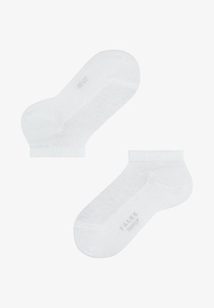 Weiße Knöchelsocken aus einem glatten, leichten Stoff. Mit verstärktem Fersen- und Zehenbereich und einem dezenten Logo, das auf die Sohle gedruckt ist.