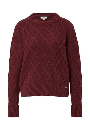 Pull en tricot bordeaux avec un motif en losanges texturé, des poignets et un ourlet côtelés. Design décontracté à col rond, en tissu de poids moyen.