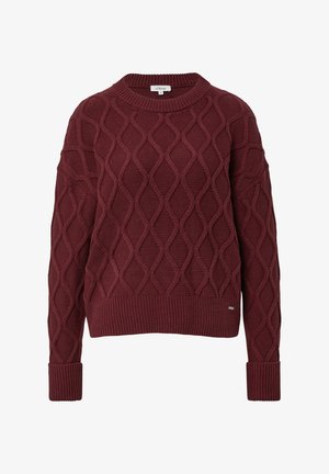 Bordeaux gebreide sweater met een gestructureerd diamanten patroon, ribgebreide manchetten en zoom. Casual ronde hals ontwerp, stof van gemiddelde gewicht.