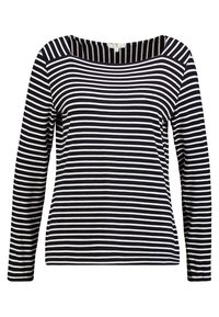 Camicia a maniche lunghe a righe blu navy e bianche, con ampio scollo a barca e tessuto morbido e leggero. Design classico e casual.