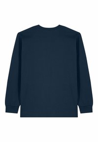 Chemise à manches longues bleu marine avec col ras du cou et poignets côtelés, vue de dos sur fond blanc.