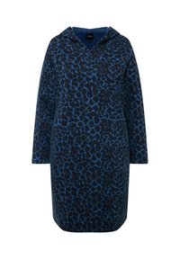 Kleid mit Leopardenmuster in Blau und Schwarz, ausgestattet mit einer Knopfleiste, langen Ärmeln und einer gefütterten Kapuze. Weicher Stoff mit lässiger Passform.
