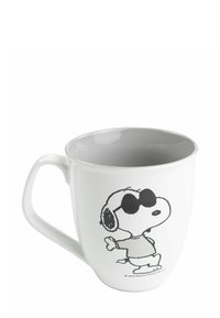 White ceramic mug with gray interior, featuring a black outline of a dog wearing sunglasses and a shirt, standing with one paw raised.