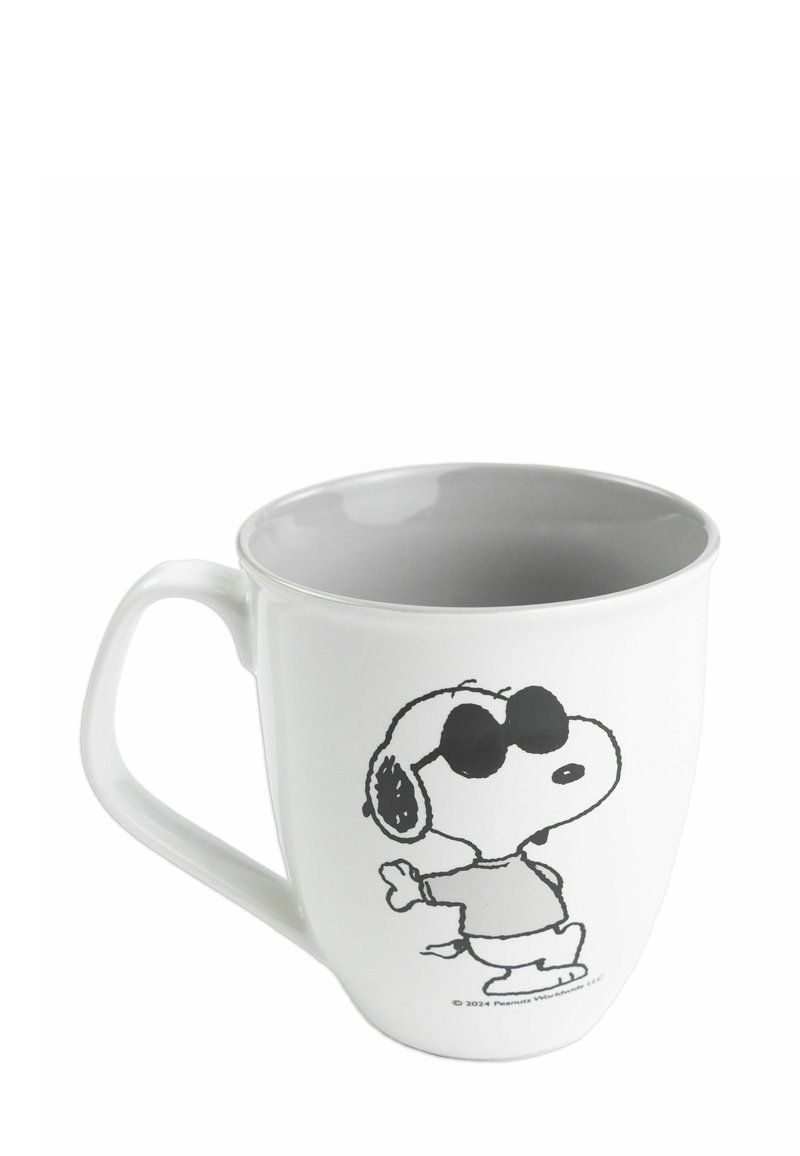 White ceramic mug with gray interior, featuring a black outline of a dog wearing sunglasses and a shirt, standing with one paw raised.