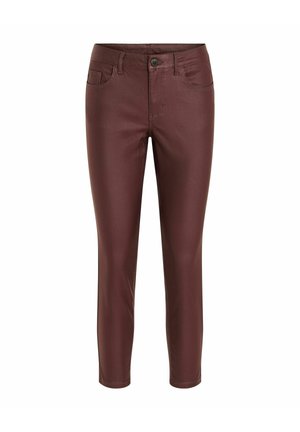 Bordowe dżinsy slim fit z gładkiego, elastycznego materiału, z przednimi kieszeniami, zapięciem na guzik i widocznymi detalami przeszycia.