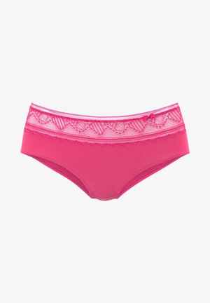 Roze bikini gaćice s čipkastim pojasom sa valovitim rubom i malim središnjim mašnom. Glatki materijal s prilagođenim oblikom.