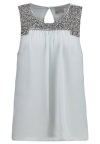 Haut sans manches bleu clair avec un dos en forme de trou de serrure, présentant un design scintillant avec perles le long de l'encolure et un tissu fluide et doux.