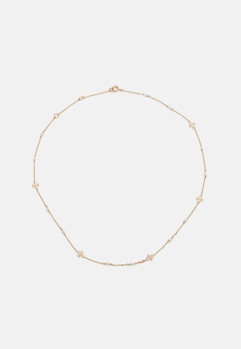 Colar de corrente de ouro com pequenos detalhes em pérolas e formas florais espaçadas ao longo do comprimento. Fecho ajustável para um encaixe seguro.