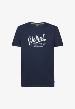 Tricou din bumbac albastru marin, cu imprimeu grafic alb pe față având textul „Petrol Baja 1000 Industries Co. California U.S.A.”