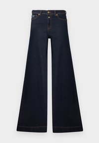 Σκούρο μπλε τζιν παντελόνι με φαρδιά μπατζάκια, κούμπωμα με κουμπιά και φερμουάρ μπροστά, μπροστινές τσέπες και αντίθετη ραφή.