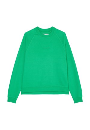 Enkel grøn sweatshirt med lange ærmer og ribkant ved manchetter og bund, med subtilt centreret logo på brystet.
