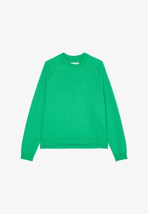 Enkel grøn sweatshirt med lange ærmer og ribkant ved manchetter og bund, med subtilt centreret logo på brystet.