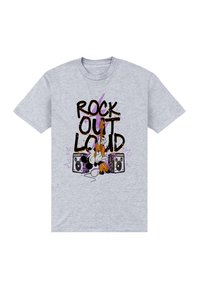 Šedé bavlněné tričko s výraznou grafikou obsahující nápis "ROCK OUT LOUD," kreslené postavičky a boomboxy. Odvážné barvy a hravý design.