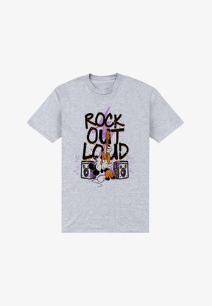 Šedé bavlněné tričko s výraznou grafikou obsahující nápis "ROCK OUT LOUD," kreslené postavičky a boomboxy. Odvážné barvy a hravý design.