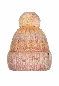Knit beanie in pastel pink and yellow hues, featuring a thick cuff, textured patterns, and a fluffy pom-pom on top.