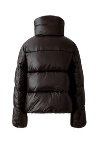 Dunkelbraune Steppjacke mit hohem Kragen, gesteppter Textur und lässiger Silhouette mit übergroßen Ärmeln.