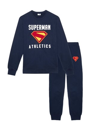 Navy blue sweatshirt and pants set featuring "SUPER MAN" text and a red/yellow Superman logo. Cotton material, ribbed cuffs, and waistband.