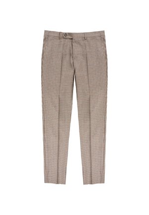 Karierte Hose in Braun und Beige mit maßgeschneiderter Passform, vorn mit Falten und Knopfverschluss. Glatte Stofftextur.
