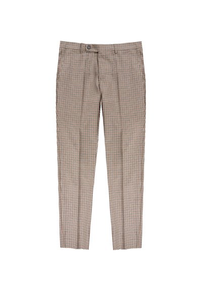 Geruite broek in bruin en beige met een getailleerde pasvorm, voorzien van voorplooien en een knoopsluiting. Soepele stofstructuur.