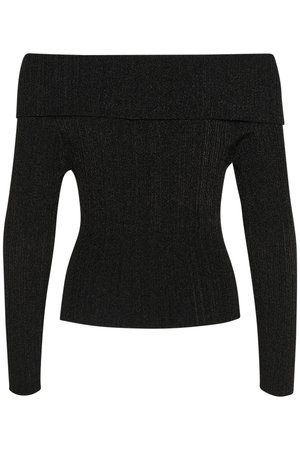 Black off-the-shoulder top with long sleeves, ribbed texture, fitted silhouette, and subtle shimmer detailing across the fabric.
