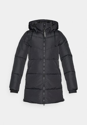 Black padded jacket with a hood, front zipper, and elastic cuffs. Features horizontal stitching and drawstrings for adjustment.
