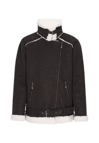 Braune Kunstlederjacke mit weißem Lammfellfutter, hohem Kragen, asymmetrischem Reißverschluss und zwei seitlichen Reißverschlusstaschen. Taillierte Taille mit Gürtel.