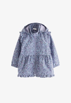 Jakke med blomstermønster i lilla nuancer med flæsekrave, lynlås foran og indsnøring i taljen med bølget kant.