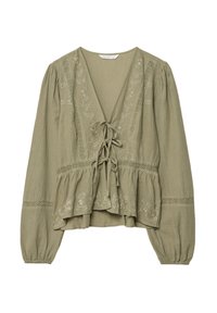 Olivově zelená blůza s dlouhými rukávy, výstřihem do V, detailem na uvázání, vyšívaným květinovým vzorem a peplum lemováním. Vyrobena z texturované tkaniny.