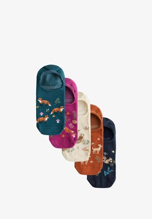 Fünf Paar unsichtbare Socken in Türkis, Magenta, Creme, Rost und Navy, jeweils mit unterschiedlichen Designs von Waldtieren und Pflanzen.