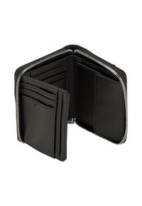 Portafoglio in pelle nero con chiusura a zip, dotato di più scomparti per schede e tasche. Finitura testurizzata, design rettangolare compatto.