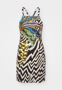 Sleeveless dress featuring a multicolored abstract pattern with zigzag and leaf motifs. Made of lightweight fabric in cream, black, and vibrant hues.