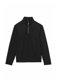 Schwarzer langärmeliger Pullover mit hohem Kragen und einem silbernen halben Reißverschluss in der vorderen Mitte.