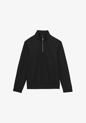 Zwarte langemouwen pullover met een hoge kraag en een zilveren halve rits in het midden van de voorkant.