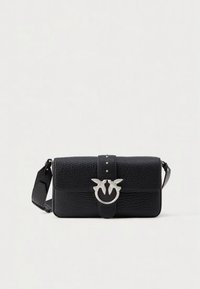 Black leather crossbody bag with textured surface, silver hardware, and a decorative clasp featuring two stylized bird figures.