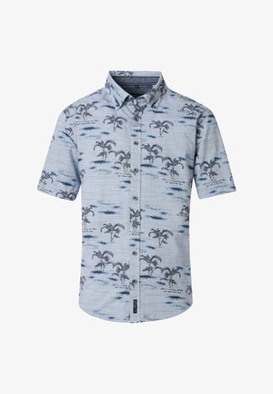 Kurzärmliges Hemd mit Knopfleiste, das ein blau-weißes Streifenmuster mit Palmenmotiven und Textakzenten zeigt, aus leichtem Stoff gefertigt.