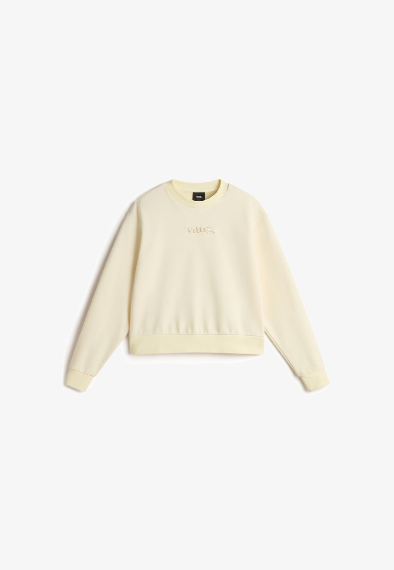 Sweat-shirt Vans couleur crème avec manches longues, poignets et ourlet côtelés, et un petit logo en relief sur la poitrine.