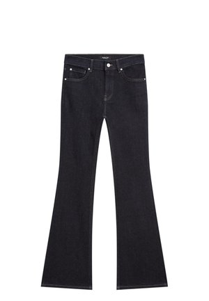 Jean flare noir en denim, avec un design à cinq poches, des coutures contrastantes et une fermeture à boutons et à glissière à l'avant.