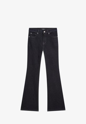 Black flared jeans made of denim, featuring five-pocket design, contrasting stitching, and a button and zipper closure at the front.