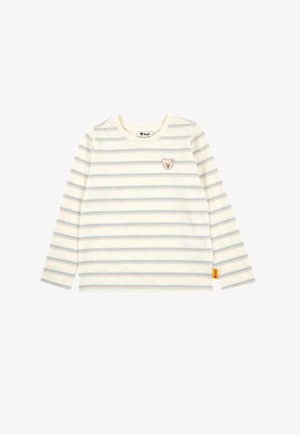 Kremowa koszula z długim rękawem z pastelowymi poziomymi paskami. Na lewej piersi znajduje się mała naszywka z misiem, a po boku żółta etykieta z logo marki.