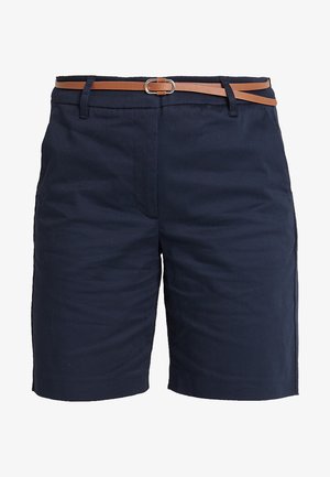 Navy cotton shorts with a smooth texture, featuring a brown leather belt and a classic straight-leg cut. No visible patterns or embellishments.