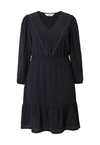 Abito nero a maniche lunghe con scollo a V, vita elastica, spalle a sbuffo e piccoli chiodini decorativi che formano una forma a V e dettaglio dell'orlo.