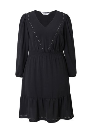 Black long-sleeve dress with V-neck, elastic waist, puffed shoulders, and small decorative studs forming a V shape and hemline detail.