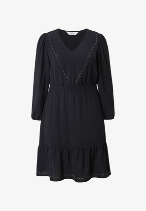 Schwarzes langärmliges Kleid mit V-Ausschnitt, elastischem Bund, gepufften Schultern und kleinen dekorativen Nieten, die eine V-Form und einen Saumdetails bilden.