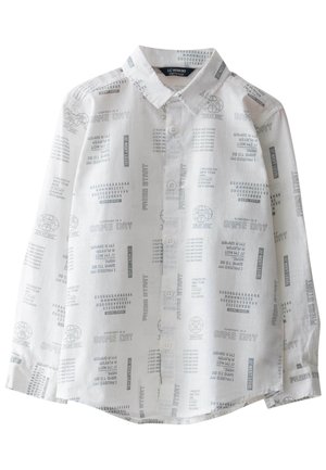 Biała koszula z długim rękawem na guziki z szarym tekstem i ikonami o tematyce gier, zawierająca takie zwroty jak "GAME DAY" i "PRESS START".