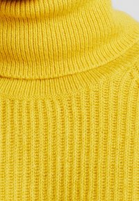 Sytě žlutý rolák s chunky strukturou. Má vysoký límec a pletenou látku, která zdůrazňuje jasnou barvu.