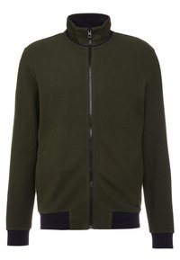 Dunkelgrüne, strukturierte Jacke mit Reißverschluss, hohem Kragen, gerippten Bündchen und Saum. Mit schwarzem Reißverschluss und kontrastierenden marineblauen Akzenten am Saum.