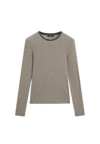 Maglietta a maniche lunghe con colletto tondo, a righe sottili nere e beige, posata piatta su uno sfondo bianco.