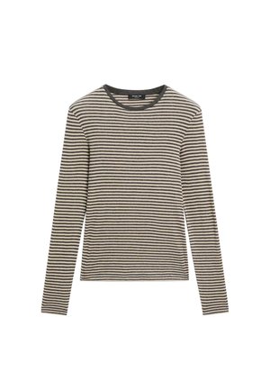 Langærmet T-shirt med rund hals, prydet med tynde vandrette sorte og beige striber, liggende fladt på en hvid baggrund.